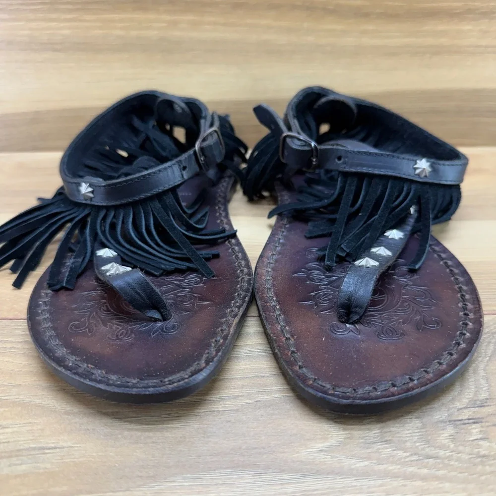El Campero‎ Fringe Sandals Womens 7 EU 37 T Strap Ankle Strap Studs ITALY Black